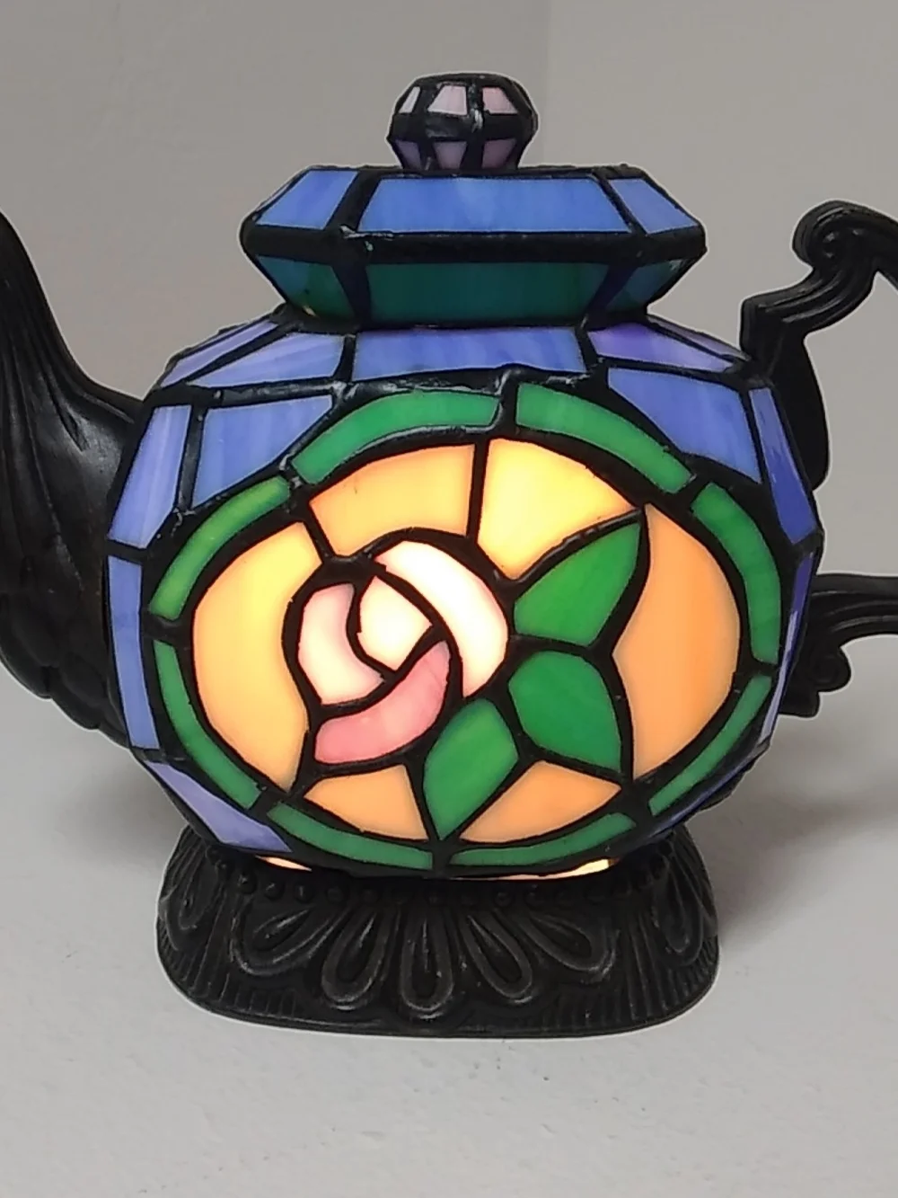 Tiffany Style Stained Glass Teapot Accent Lamp W/ Roses Nightlight Mood Light